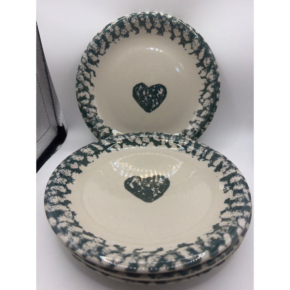 4 Hearts Salad Dessert Plates 8" Tienshan Folkcraft Stoneware White Green Sponge